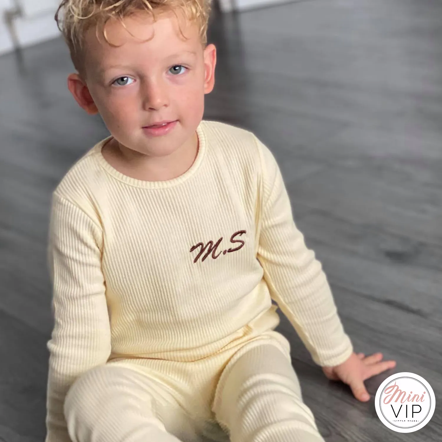 Embroidered Cream Ribbed Loungewear