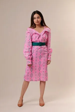 Emily Pink Print Dress With Green Belt