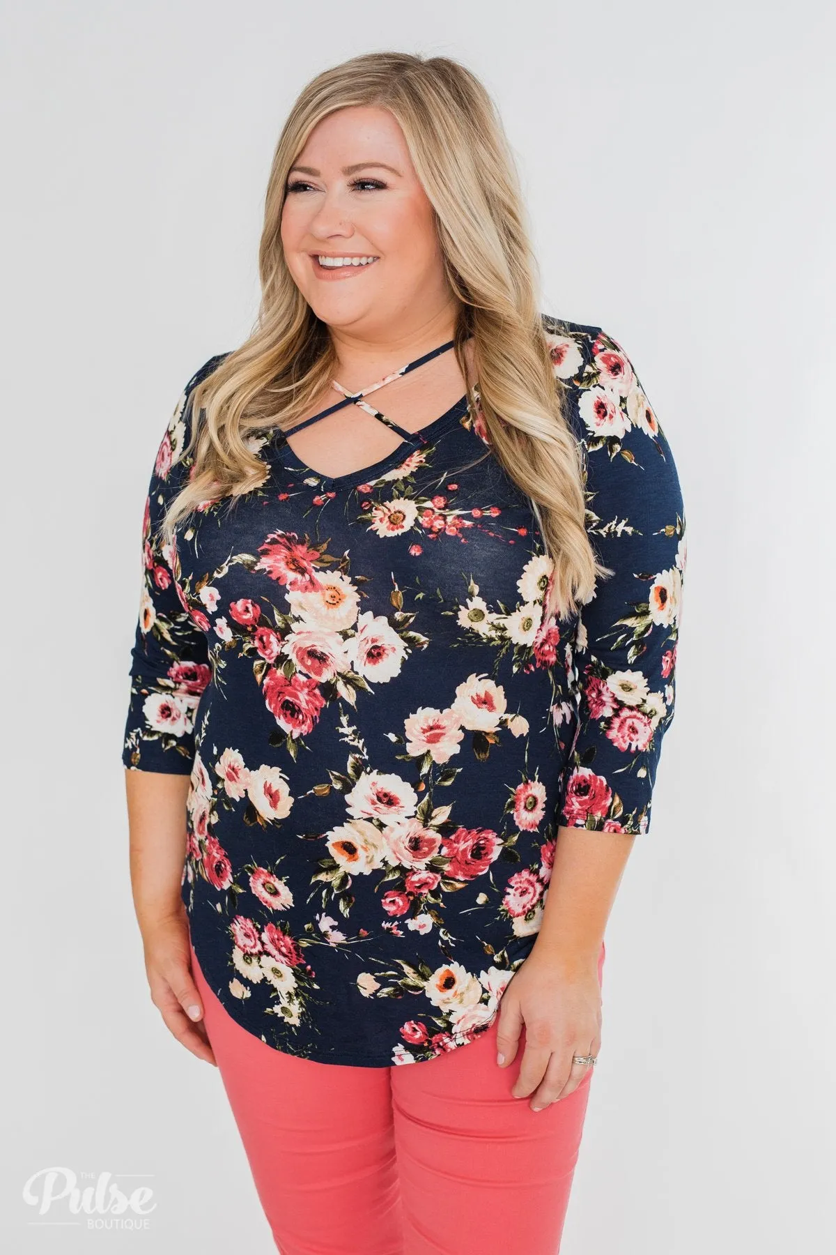Excellent Selection Floral Criss Cross Top- Navy
