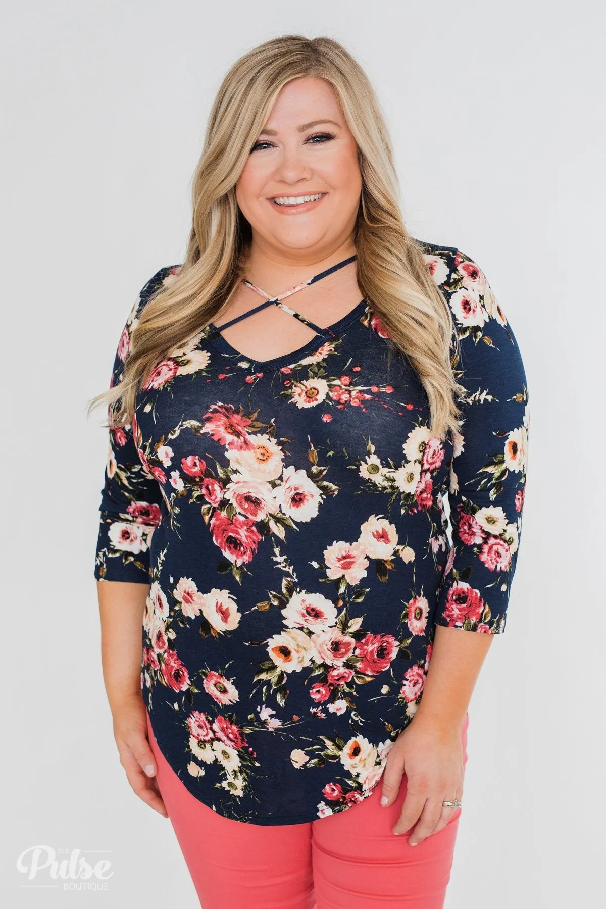 Excellent Selection Floral Criss Cross Top- Navy