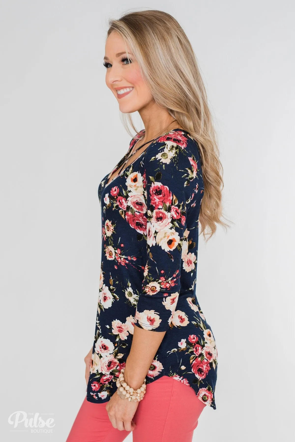 Excellent Selection Floral Criss Cross Top- Navy