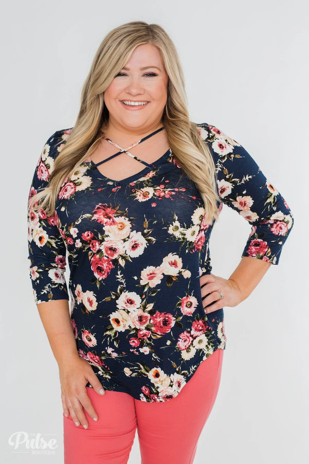 Excellent Selection Floral Criss Cross Top- Navy