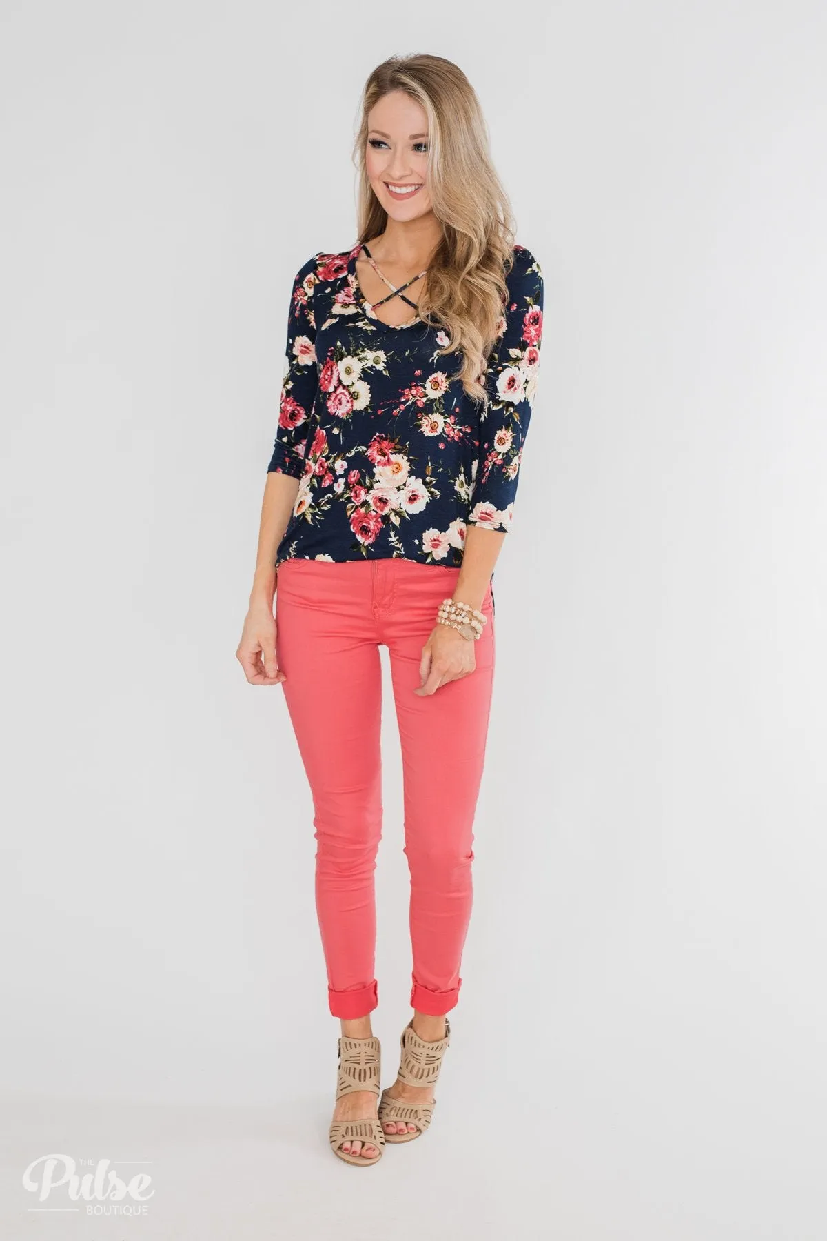 Excellent Selection Floral Criss Cross Top- Navy
