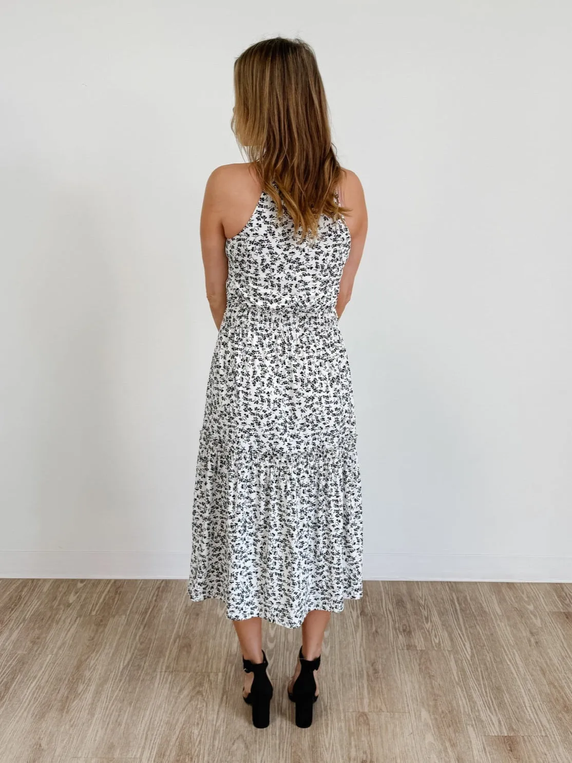 Farrah Midi Dress in Ecru / Black Rose