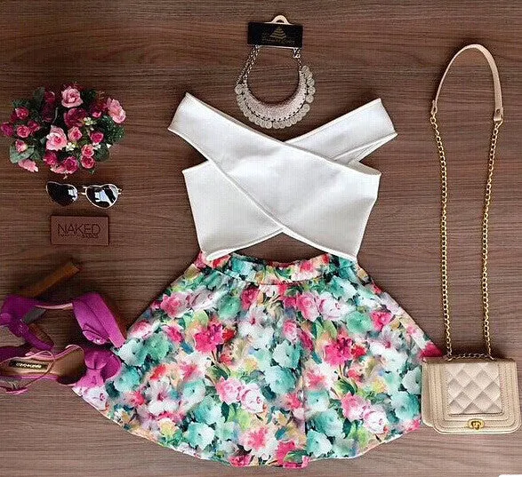 Fashion Women Two Piece Set Dress Cross Crop Top And Skirt Set Floral Printed Dress Plus Size Tops