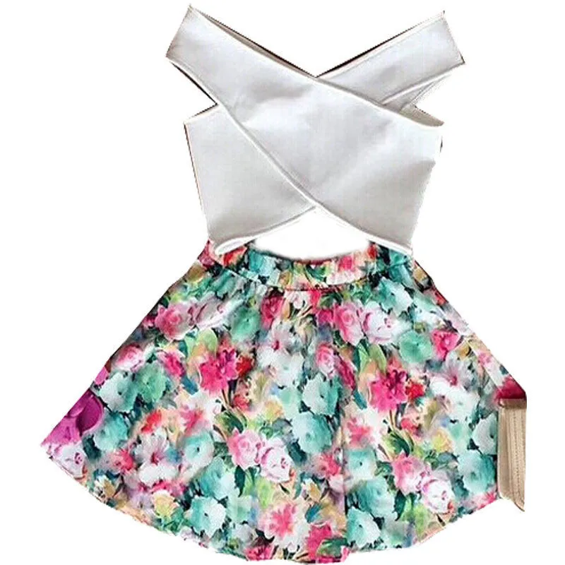 Fashion Women Two Piece Set Dress Cross Crop Top And Skirt Set Floral Printed Dress Plus Size Tops