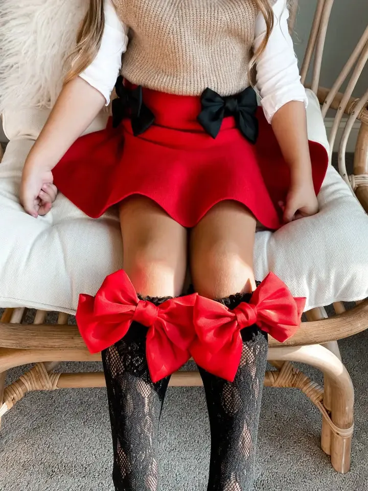 Flare Skirt with Satin Bows, Red
