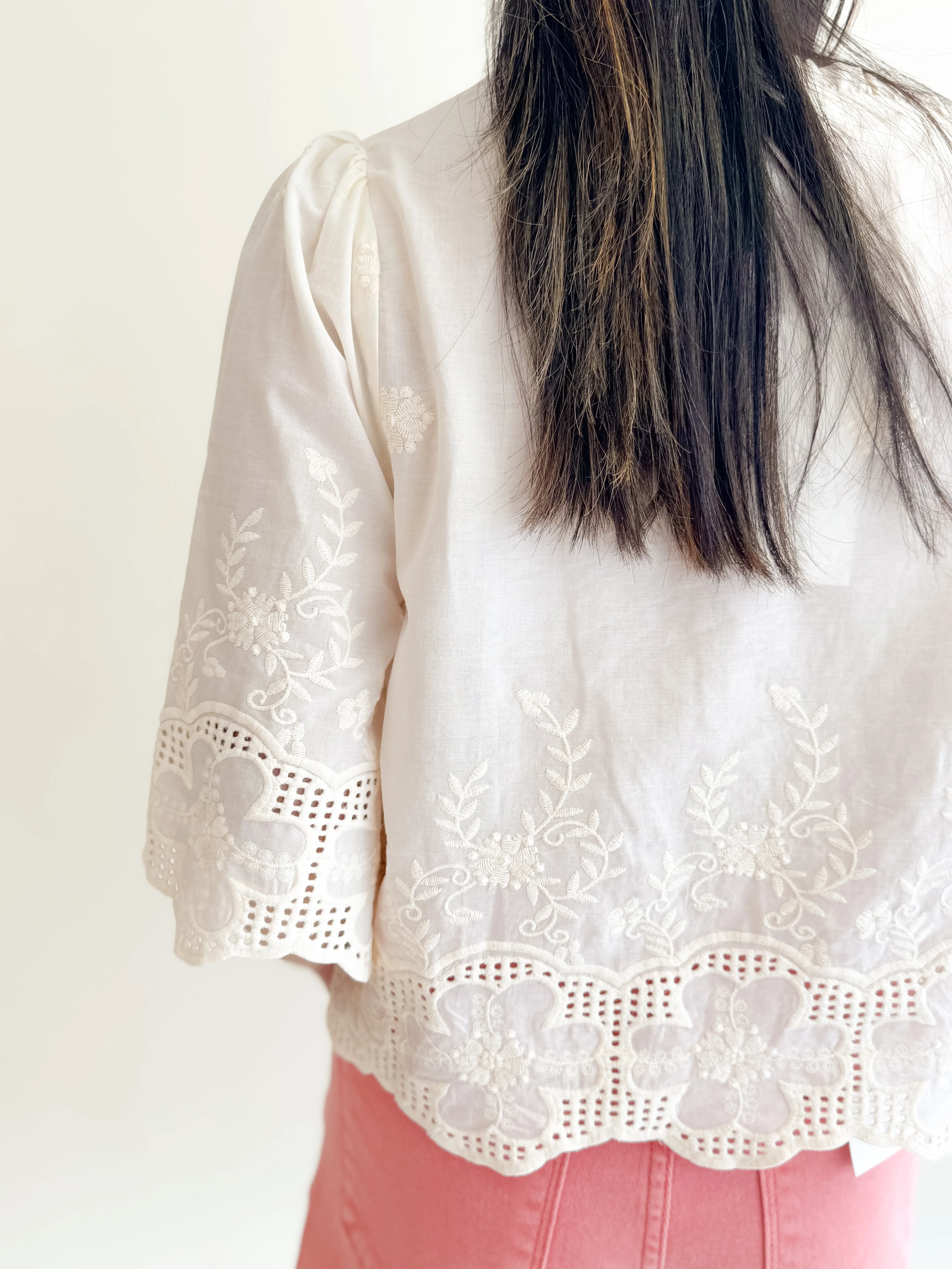 Floral Embroidery Tie Front Blouse