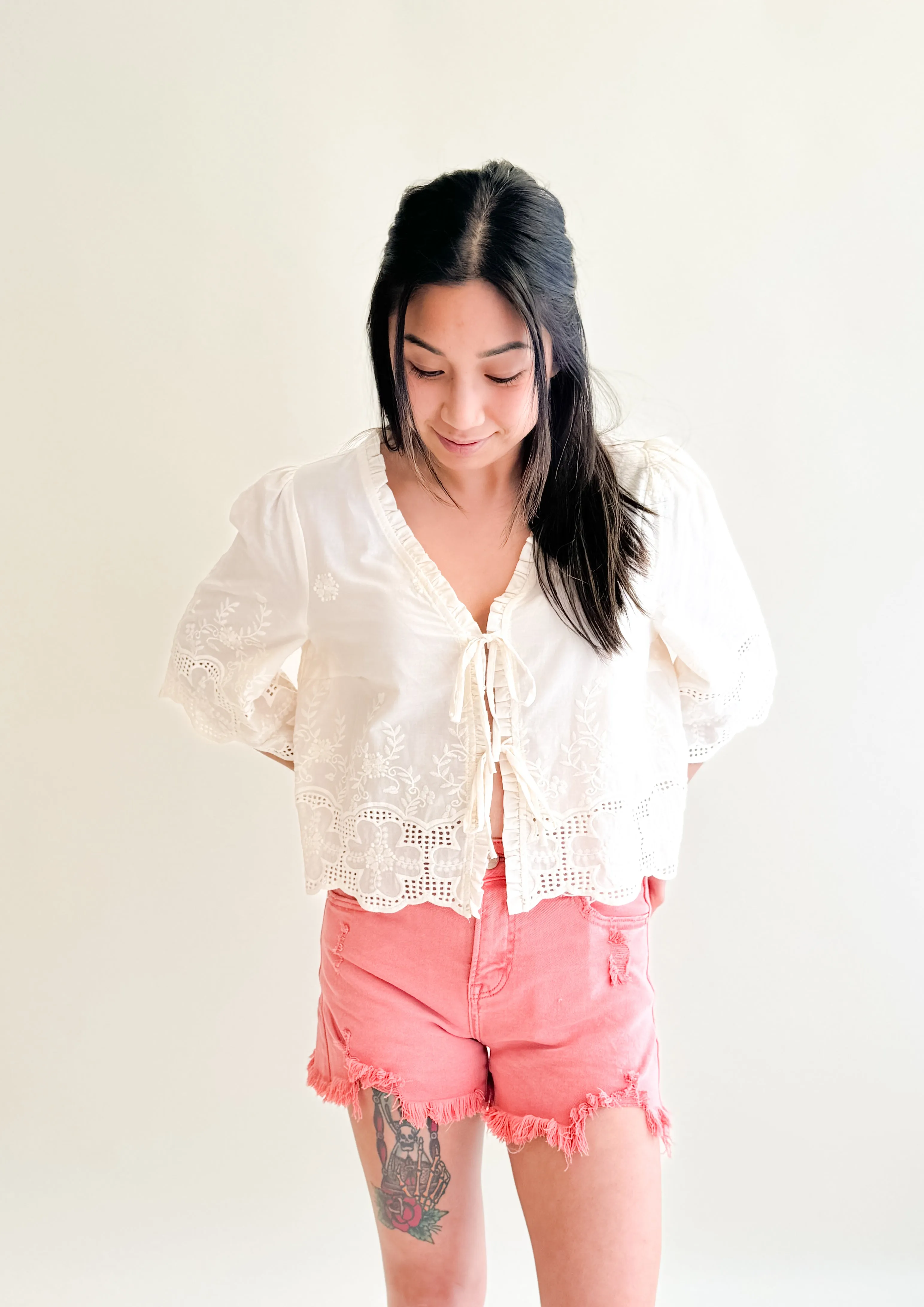 Floral Embroidery Tie Front Blouse