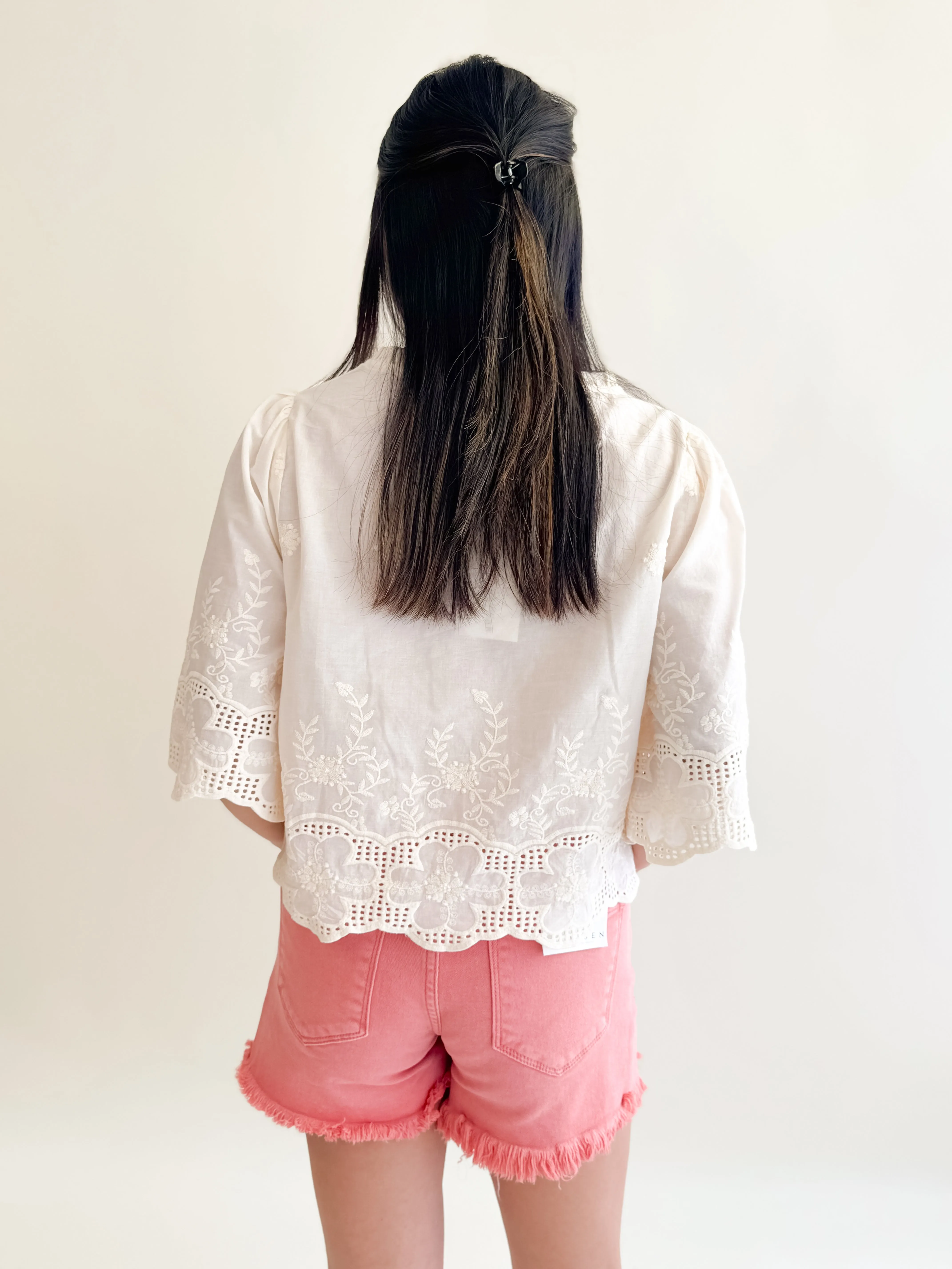 Floral Embroidery Tie Front Blouse