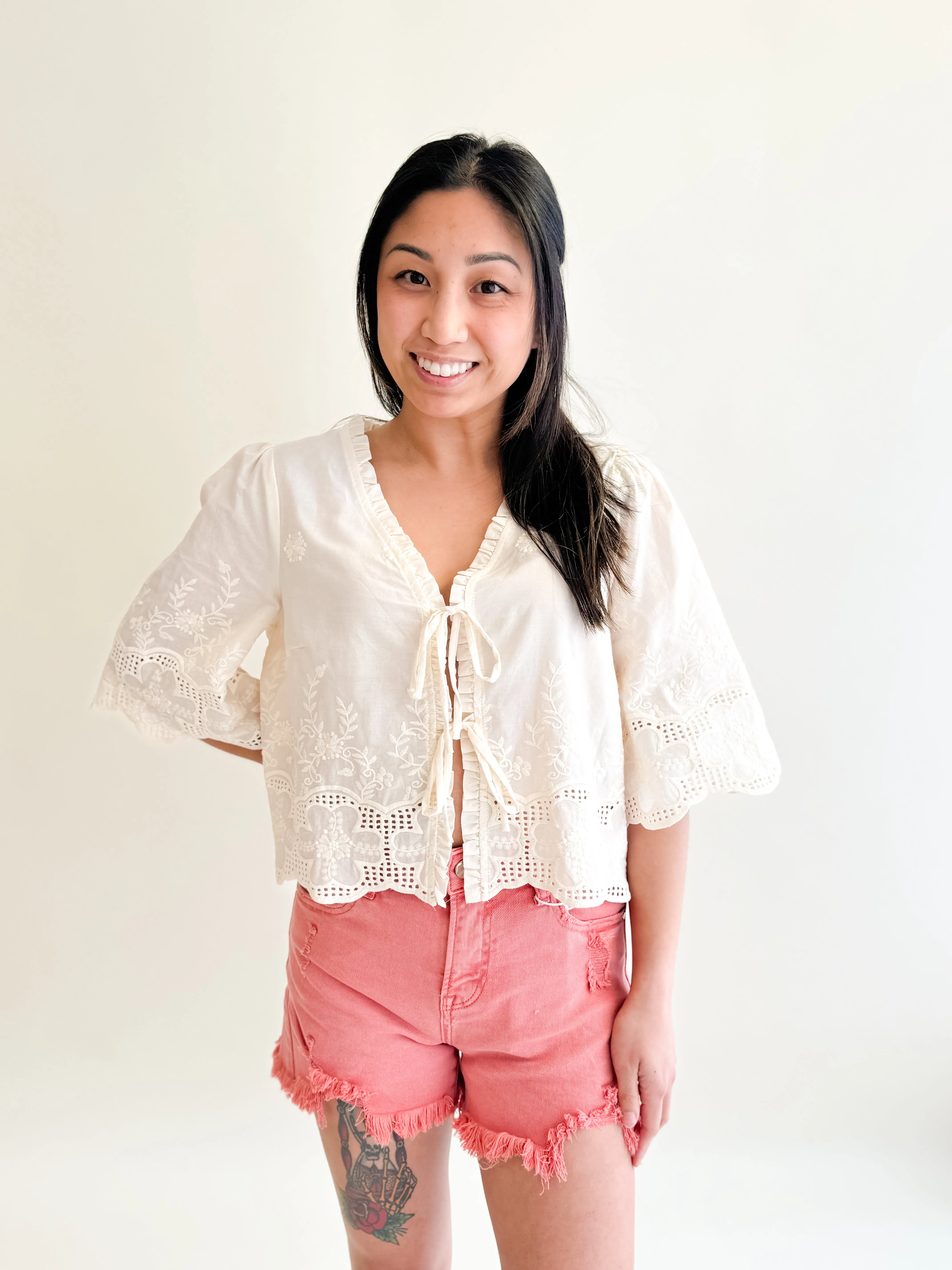 Floral Embroidery Tie Front Blouse