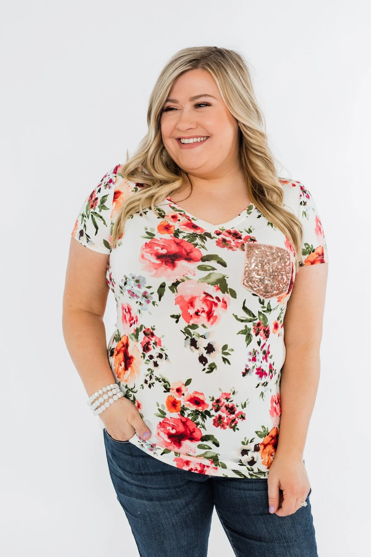 Floral Glam Front Pocket Top- Ivory