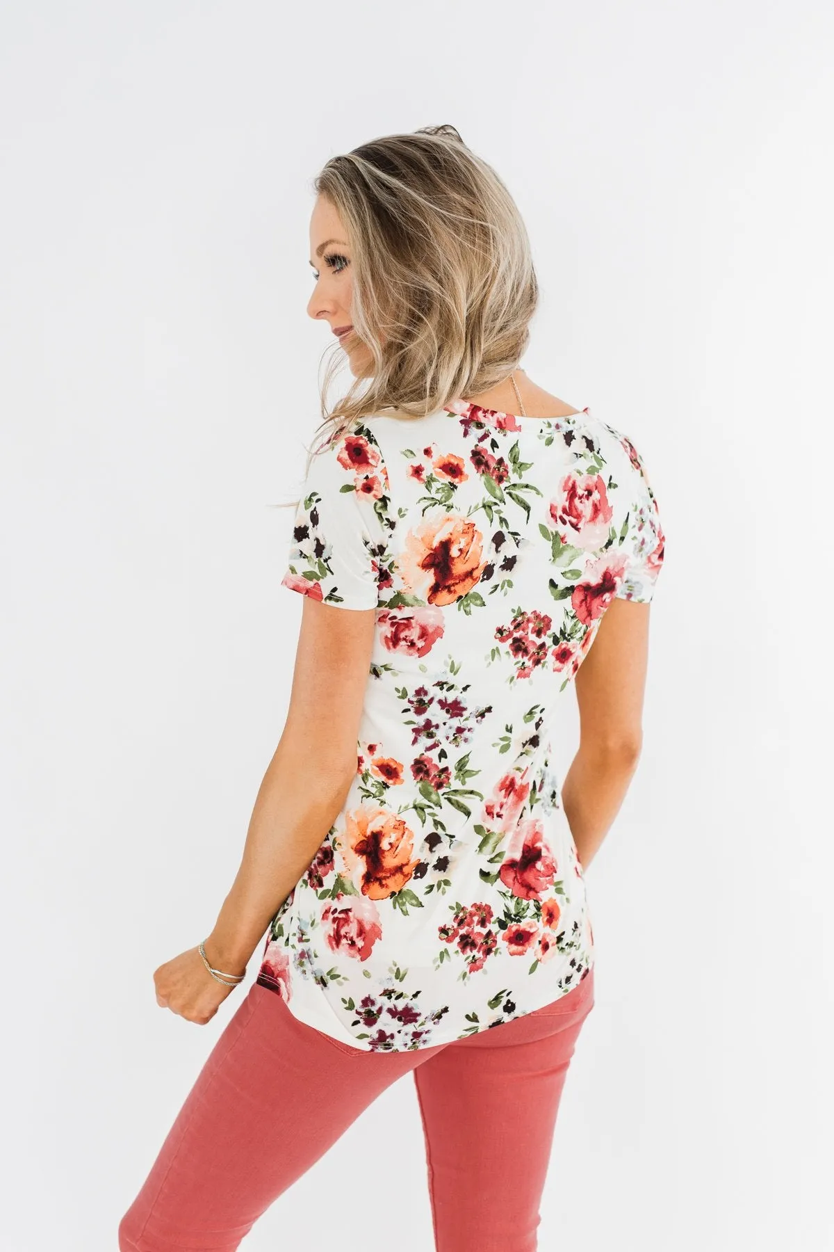 Floral Glam Front Pocket Top- Ivory