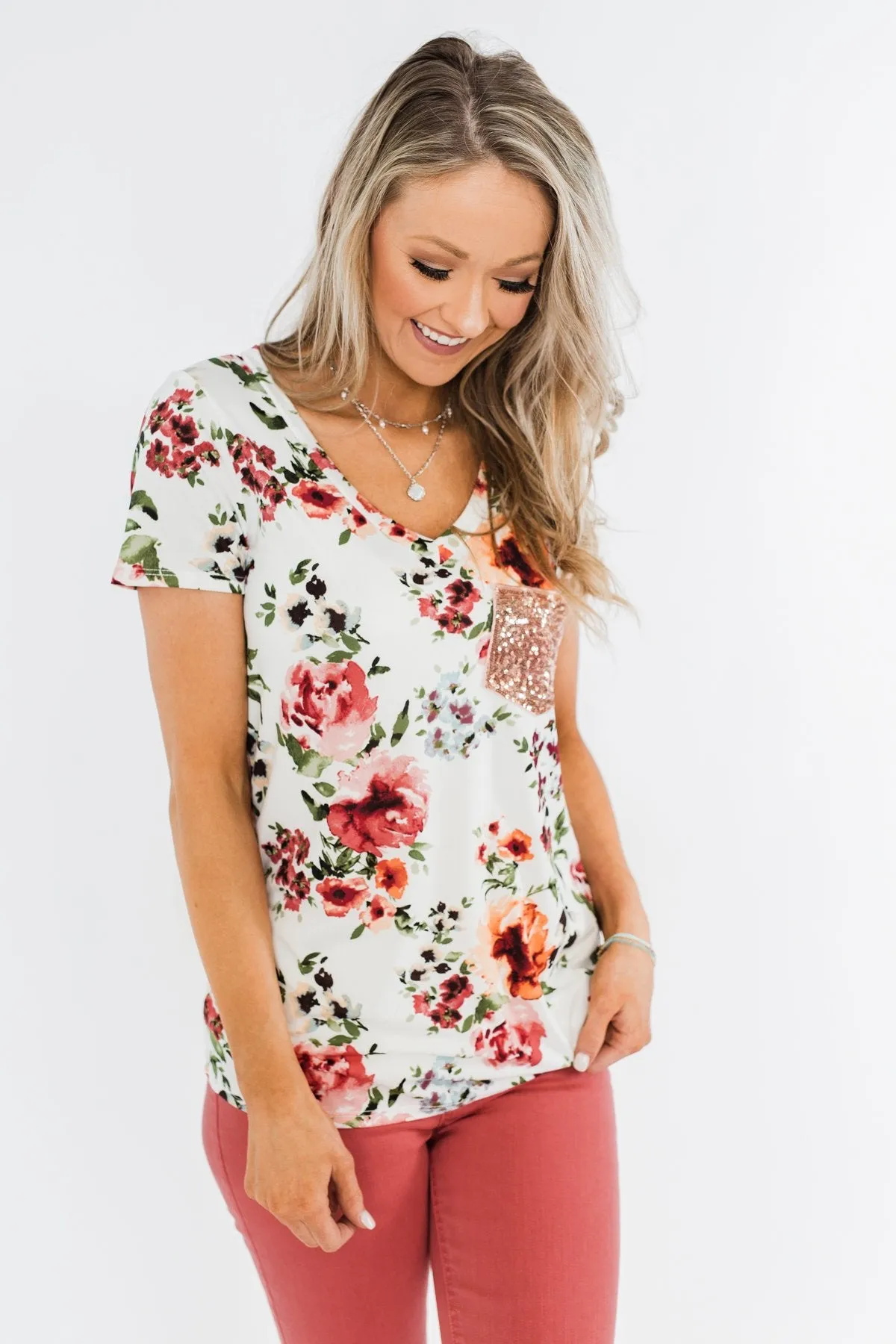 Floral Glam Front Pocket Top- Ivory