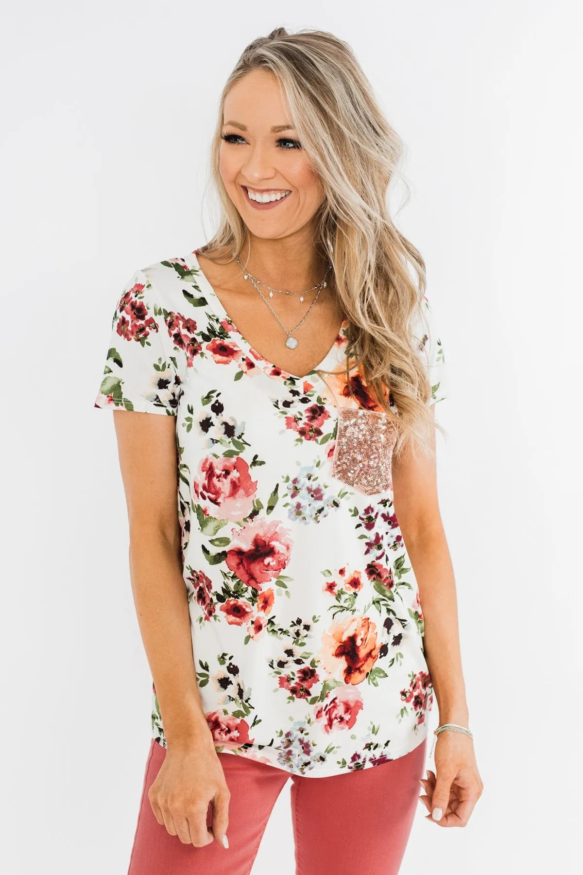 Floral Glam Front Pocket Top- Ivory