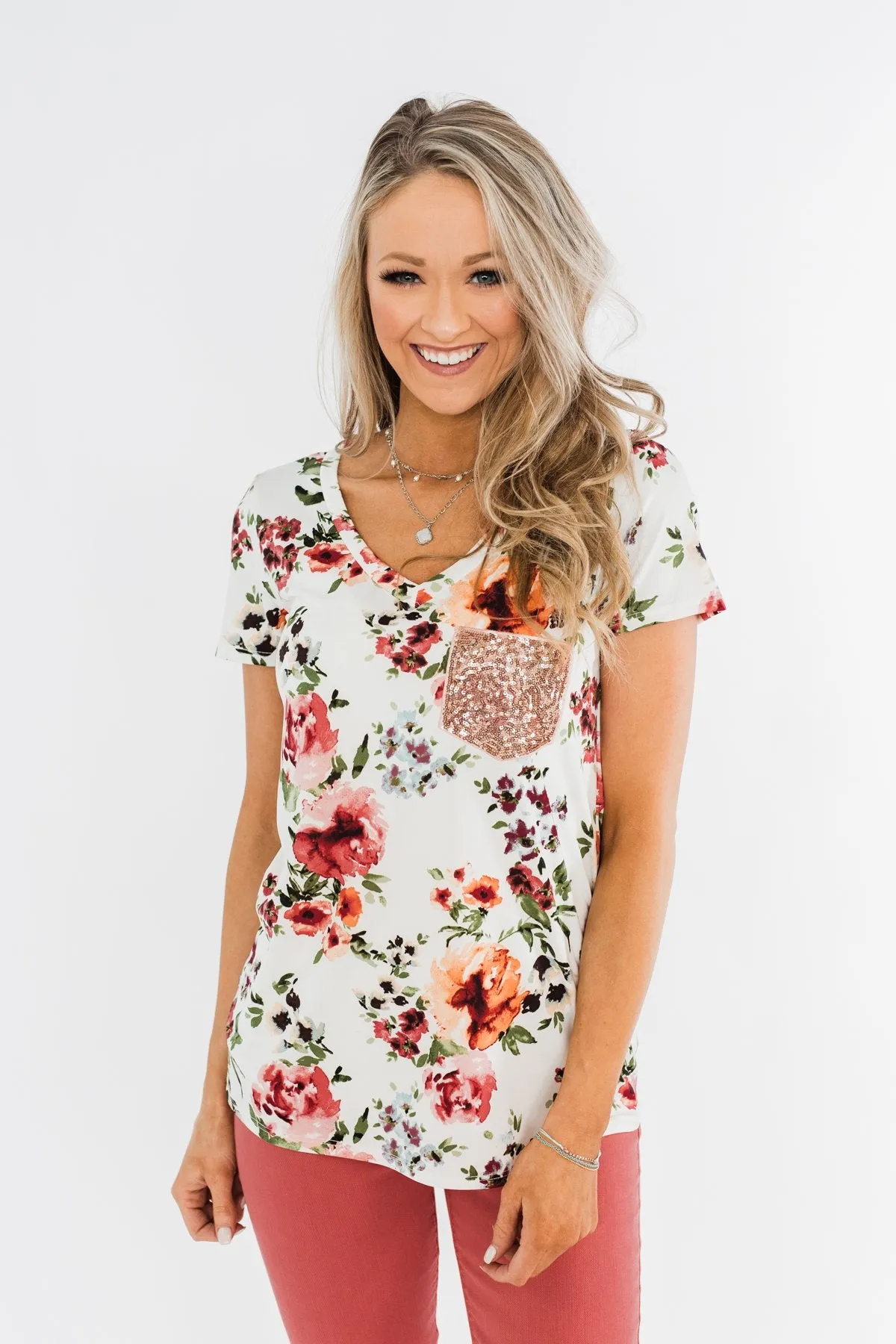 Floral Glam Front Pocket Top- Ivory