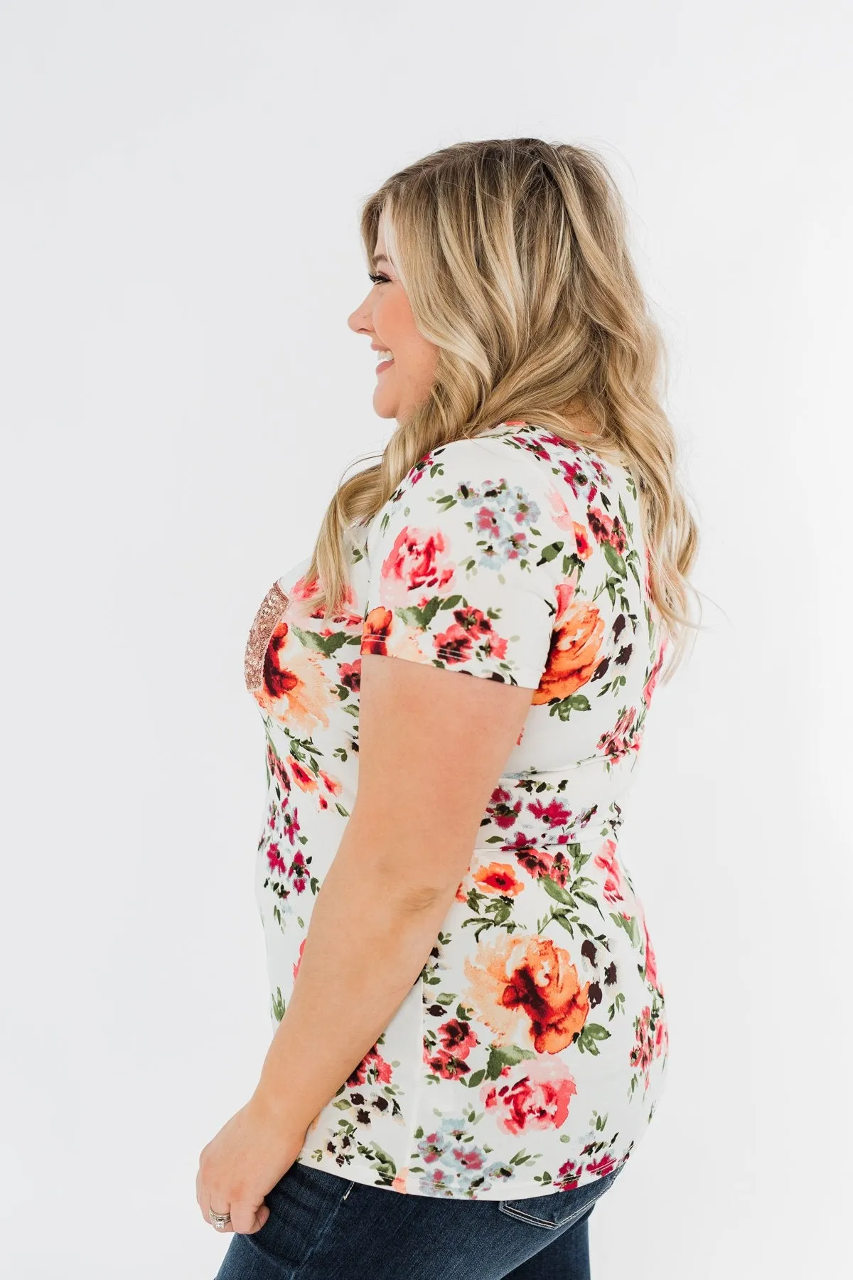 Floral Glam Front Pocket Top- Ivory