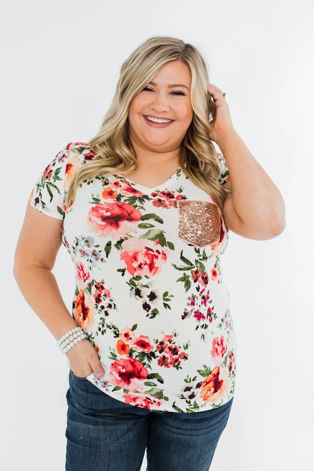Floral Glam Front Pocket Top- Ivory