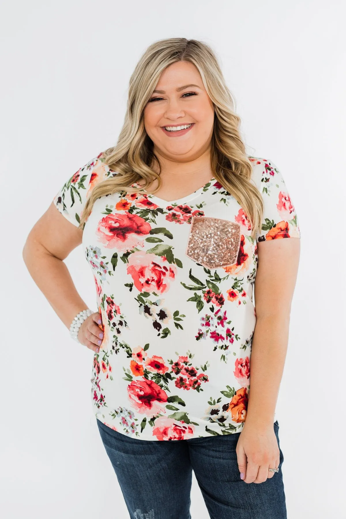 Floral Glam Front Pocket Top- Ivory