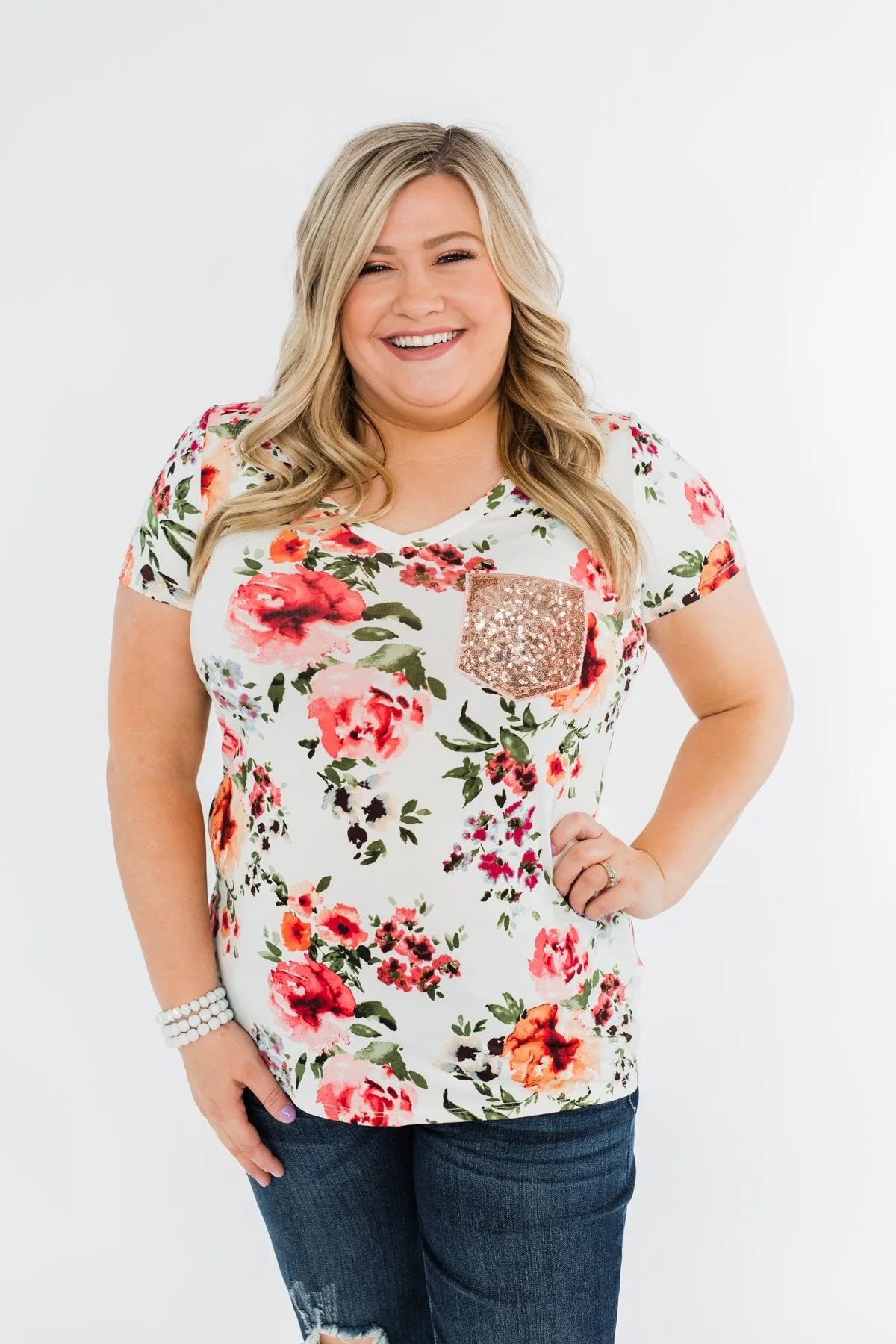 Floral Glam Front Pocket Top- Ivory