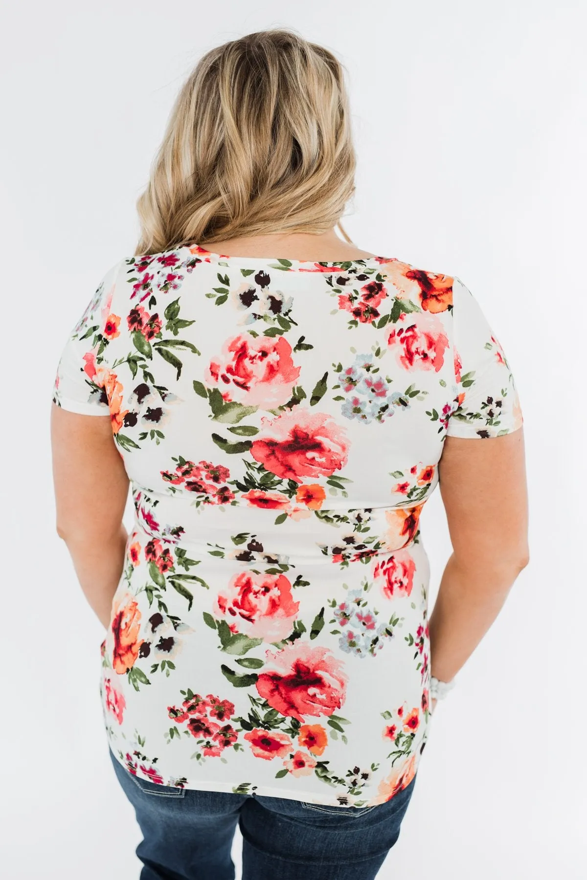 Floral Glam Front Pocket Top- Ivory