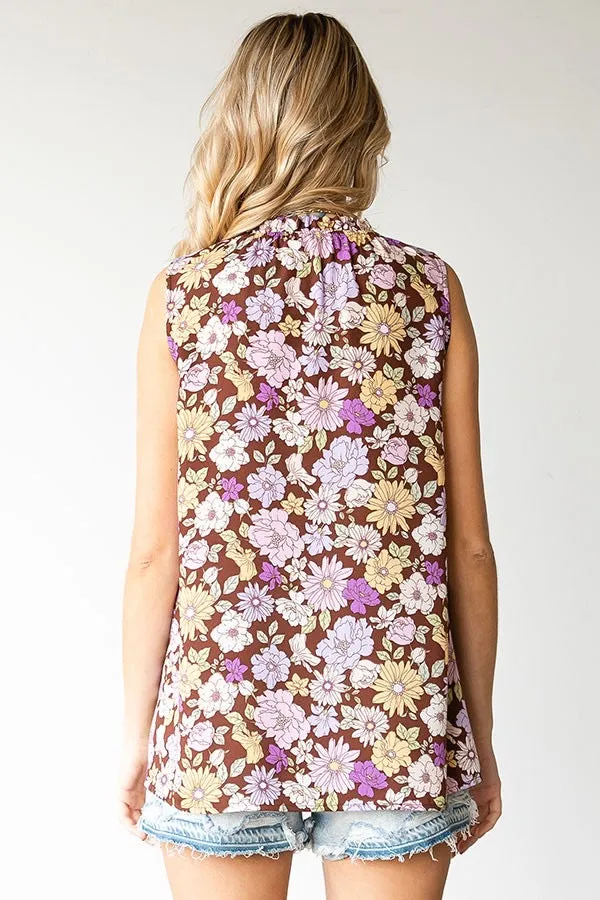 Floral High Ruffled Neck Slvless Top w/Keyhole & Tie at Neck