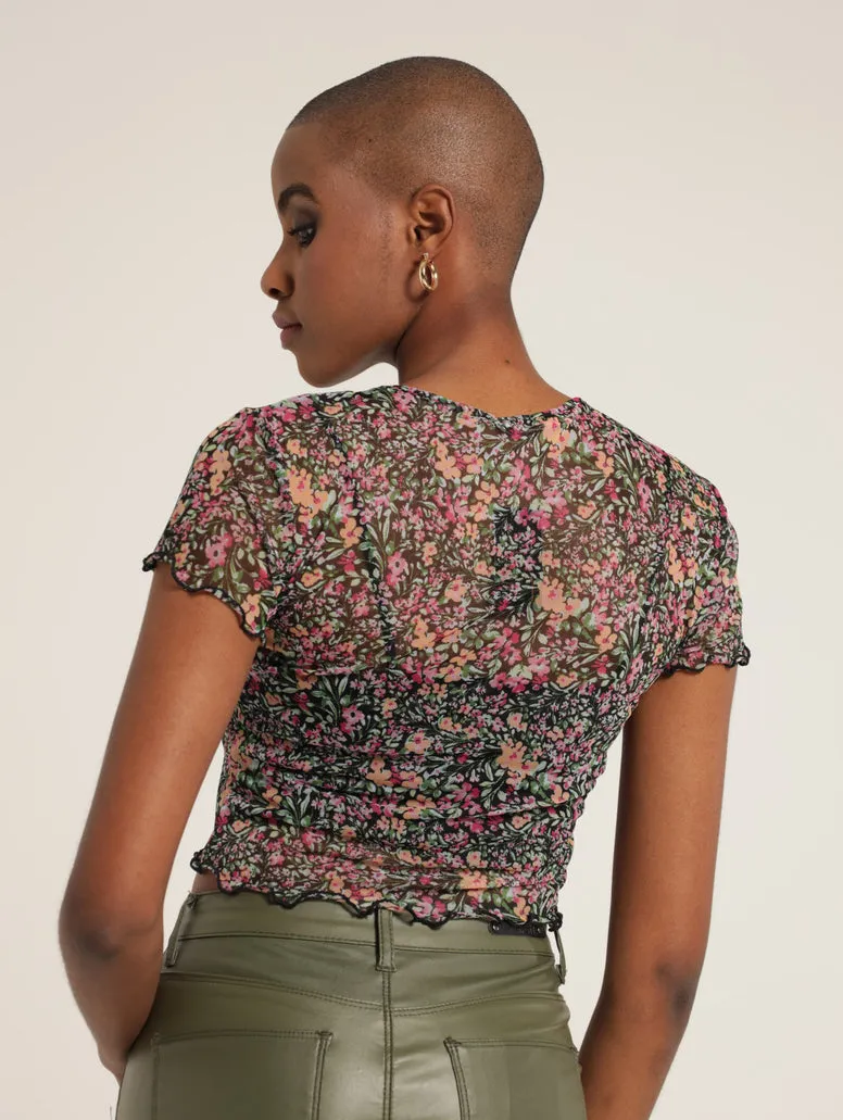 Floral Mesh Flossed Hem Crop - Black