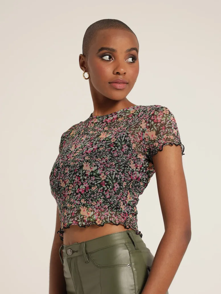 Floral Mesh Flossed Hem Crop - Black