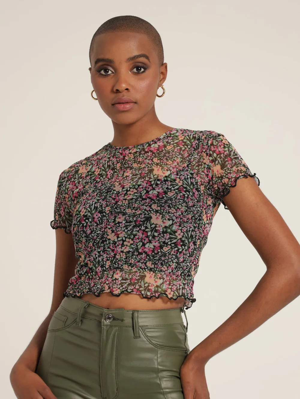 Floral Mesh Flossed Hem Crop - Black