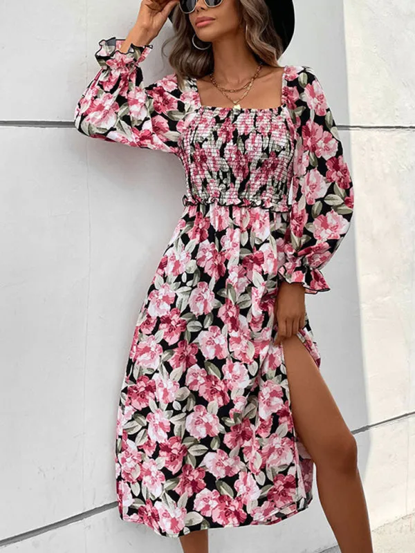 Floral Print Backless Midi Dress with Smocked Bodice and High Slit