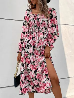 Floral Print Backless Midi Dress with Smocked Bodice and High Slit