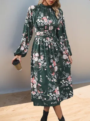Floral Print Midi Dress with High Waist and Stand Collar