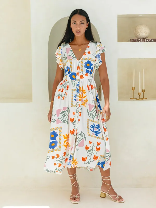 Floral Print Midi Dress with V-Neck and Flutter Sleeves