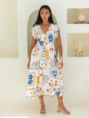 Floral Print Midi Dress with V-Neck and Flutter Sleeves