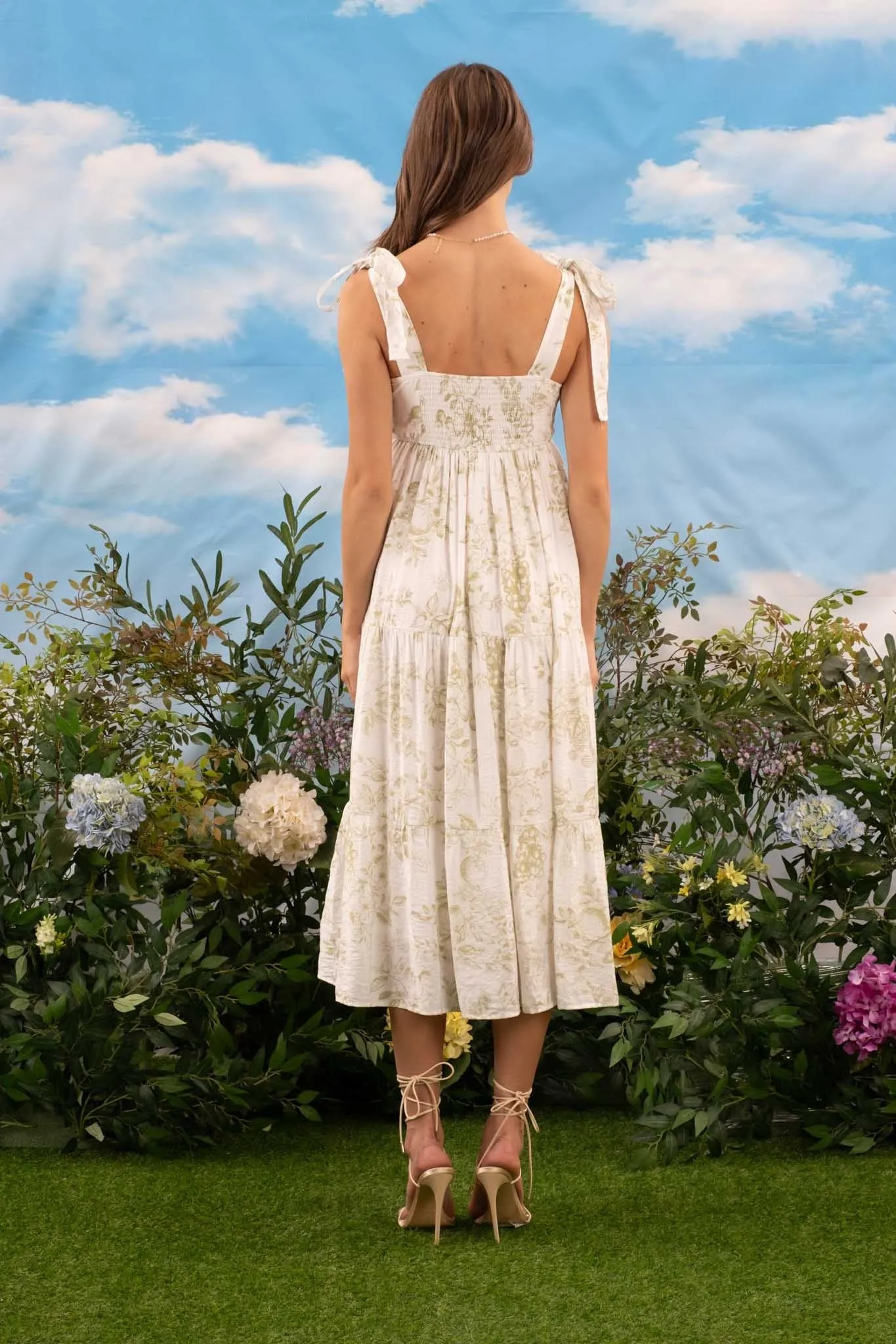FLORAL RUFFLE DETAIL SLEEVELESS MIDI DRESS