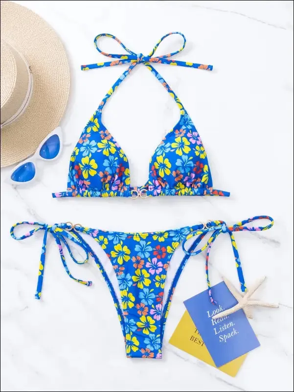 Floral triangle tie side bikini swimsuit