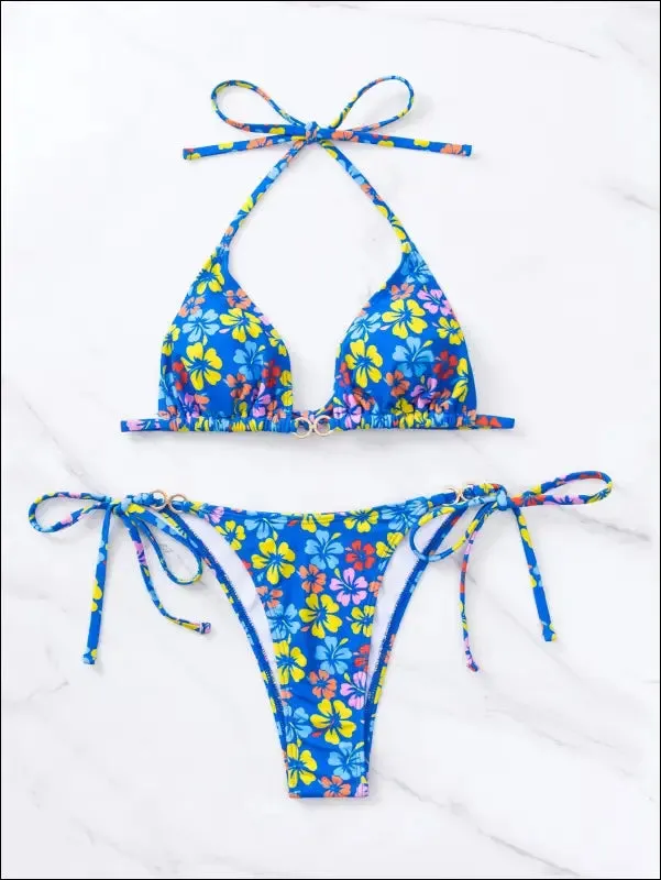 Floral triangle tie side bikini swimsuit