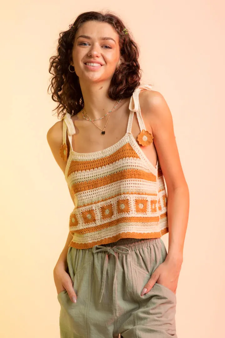 FLOWER TIE STRAP KNIT CROP TOP