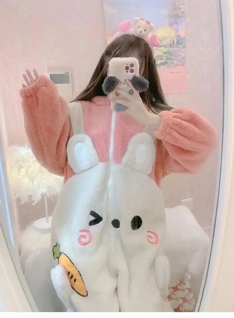 Fluffy Pink Bunny Cozy Winter Jumpsuit