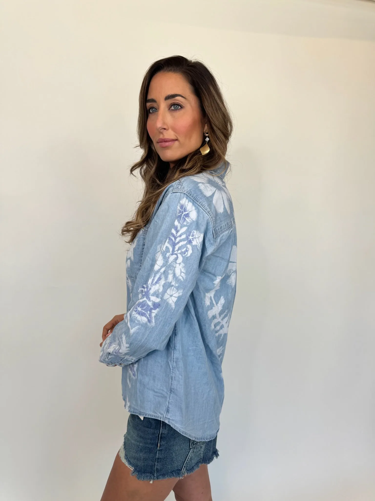 Free People Airbrushed Blossom Denim Shirt