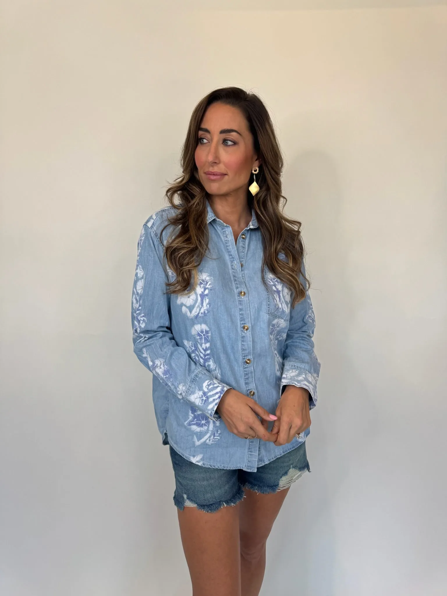 Free People Airbrushed Blossom Denim Shirt
