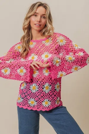 Fuchsia Floral Crochet Net Lace Cover Up