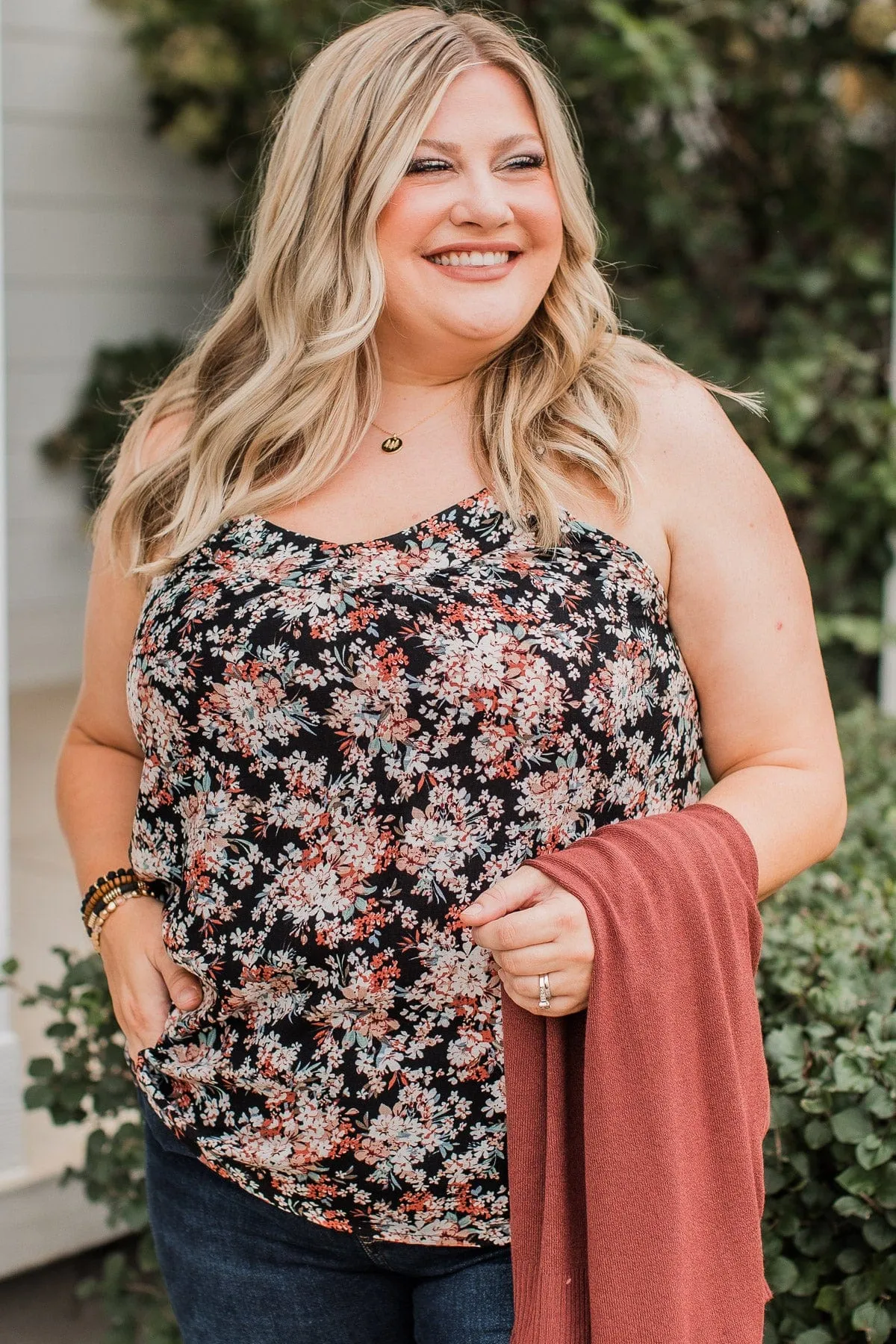 Garden Blooms Floral Tank Top- Black