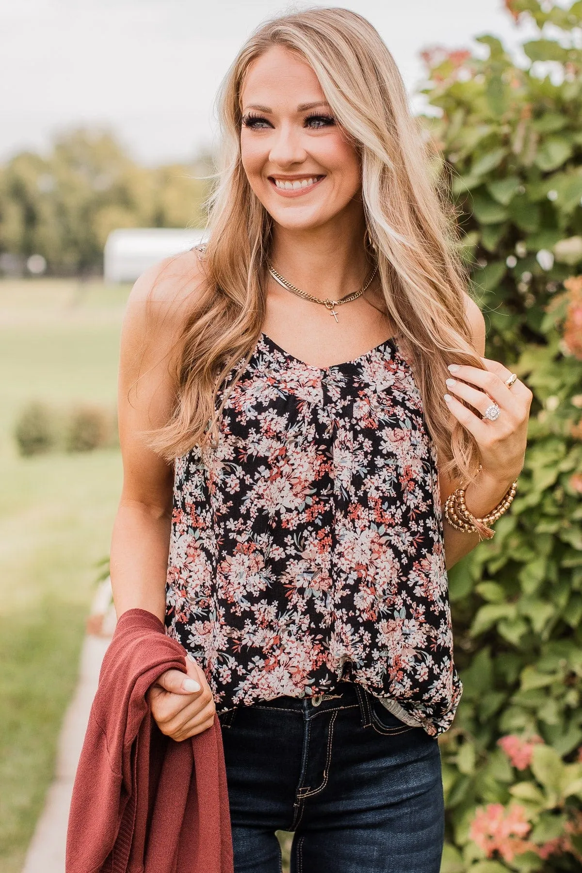 Garden Blooms Floral Tank Top- Black