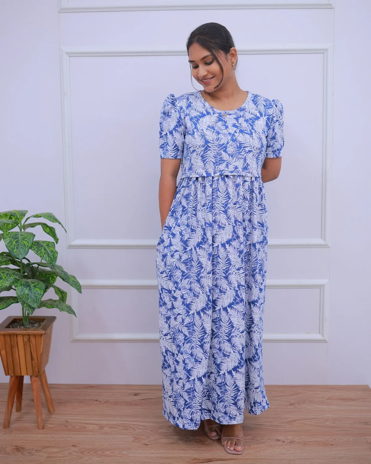 Gayathri | Zipless Maternity Dress - Puff Sleeves | Full Length Maxi