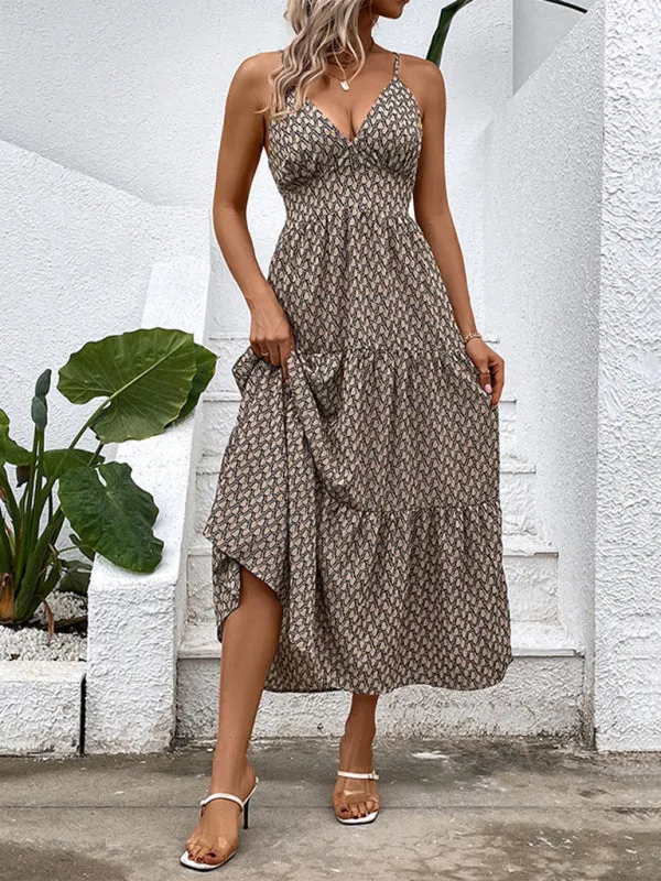 Geometric Print V-Neck Suspender Dress with Tiered Midi Skirt