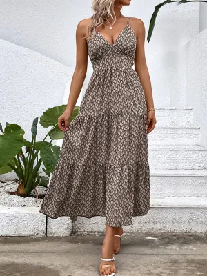 Geometric Print V-Neck Suspender Dress with Tiered Midi Skirt