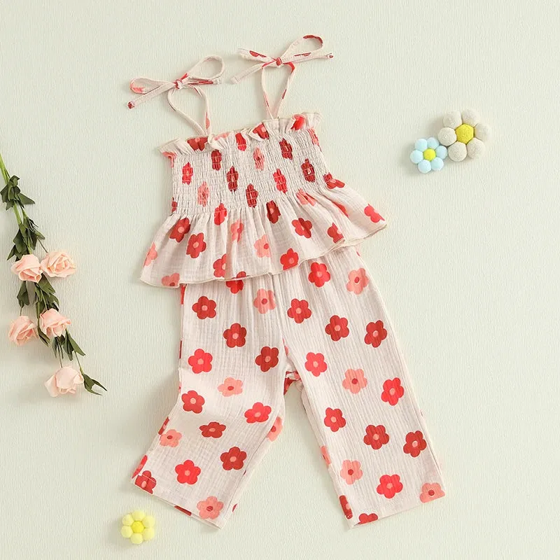 Girls Floral Print Sleeveless Top and Pants Set Tie-up Pleated Camisole with Trousers Summer Outfit for Kids