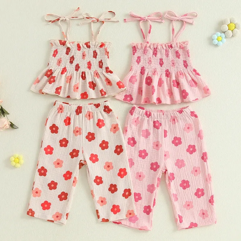 Girls Floral Print Sleeveless Top and Pants Set Tie-up Pleated Camisole with Trousers Summer Outfit for Kids