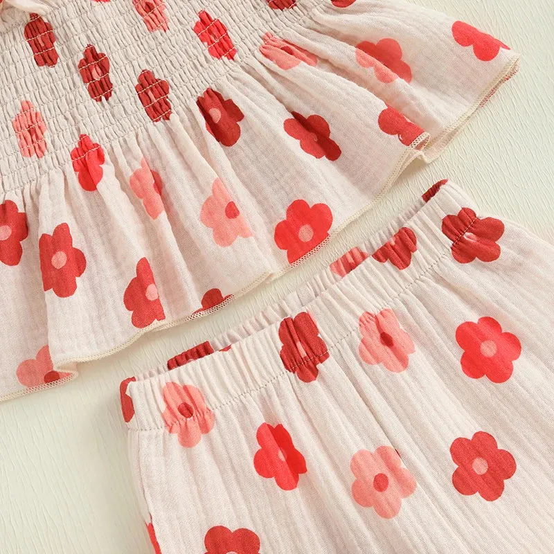 Girls Floral Print Sleeveless Top and Pants Set Tie-up Pleated Camisole with Trousers Summer Outfit for Kids